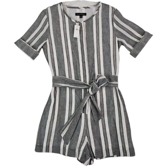 Banana Republic ~Size 0~ Gray/White Striped Romper Waist Drawstring Linen Blend - Picture 1 of 10